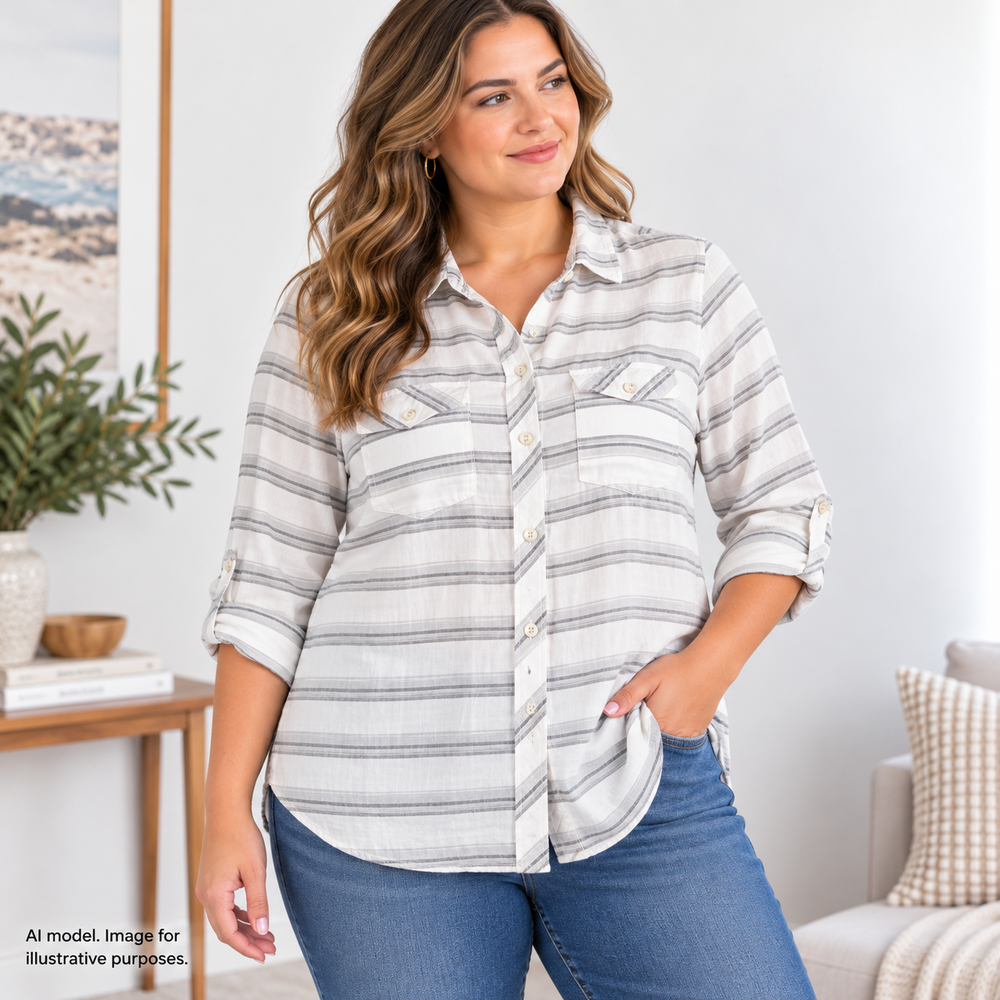 Eddie Bauer Shirt Womens Large White Gray Striped Classic Fit Button Up Cotton